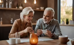 a smiling man and woman hold a small envelope while looking at the papers on a table