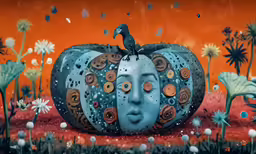 a pumpkin decorated with buttons sits in a grassy area