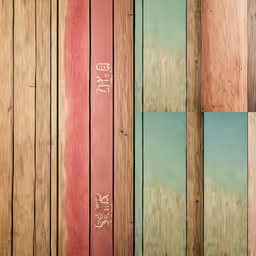 the wall with some random pictures on it,a couple different colors on a wooden surface