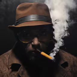 the man is wearing glasses, hat, and smoking a cigarette