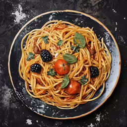 a black and gold plate holding spaghetti with berries, basil, tomatoes and herbs