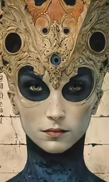a woman with multiple colored eyes and a black face