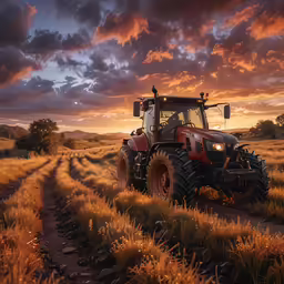 a tractor is parked on a dirt path in an open field during sunset