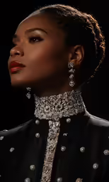 a woman wearing an ornate outfit and earrings