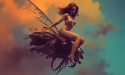 the girl with a black winged body rides a horse