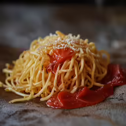 a pile of spaghetti with some tomato sauce and other stuff