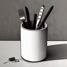 a cup with spoons and fork inside
