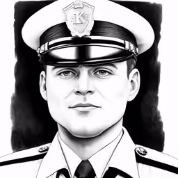 black and white drawing of a man in uniform