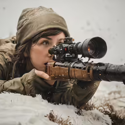 an image of a woman aiming a weapon in the snow