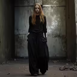 a woman with long red hair wearing black on a black floor