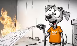 a cartoon dog wearing an orange t - shirt and holding a water hose