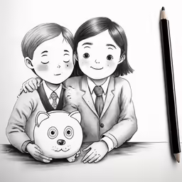 two people are holding their pet cat in pencil