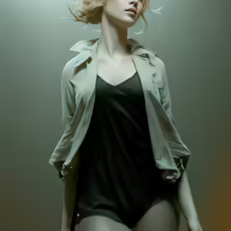 a woman wearing a black bodysuit and trench coat