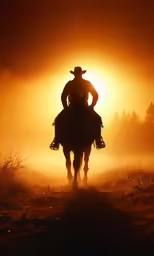 the cowboy is riding his horse across the field at sunset