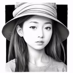 a black and white photo of a young girl wearing a hat