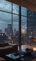 the city lights shine in the skyscrapers as seen from this living room