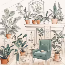 a drawing of house plants with one blue chair