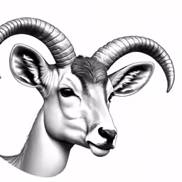 black and white drawing of a ram with horns