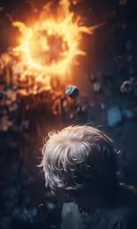 young boy staring down at explosion in background