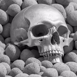 a skull is surrounded by balls in black and white