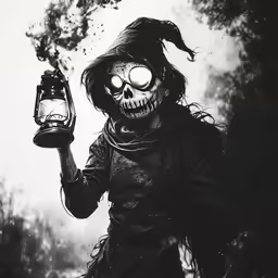 a creepy looking man holding a lantern and lit up