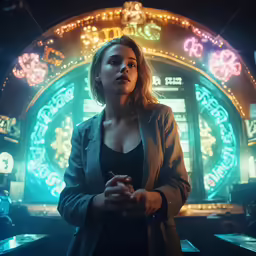 a woman standing in front of neon signs