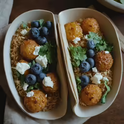 two white bowls filled with rice and blueberries