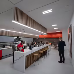 a large long white counter with people sitting and standing