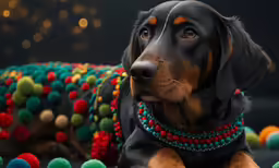 the large dog is laying down in front of the balls