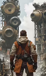 a man walks through a field of industrial machinery