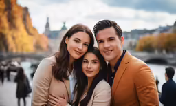 two men and a woman posing for the camera near the water