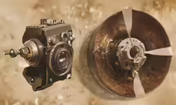 an old fashioned camera with a large metal bowl on the back