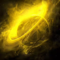 an artistic painting of the planets in outer space,a yellow spiral shaped object floating through space