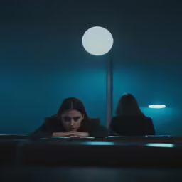 two people sitting down in a boat at night