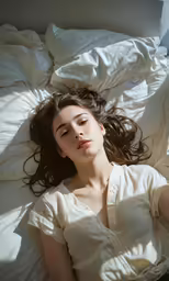 a woman is laying on her back on the bed