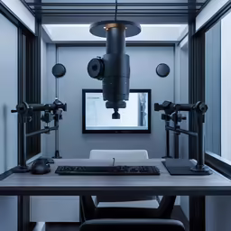 this is a work space with a desk and laptop