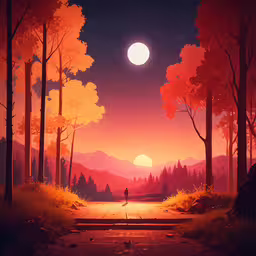 a painting of a woman walking in a wooded area at night with the moon rising over the mountains,there is a red sunset in the sky and a man standing on a street