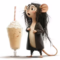 a doll with a rat on its head next to a cup of coffee