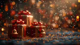 two boxes are shown in front of an blurry background,three christmas gifts in a holiday display in the rain