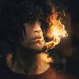a young man is holding his face on a fireball