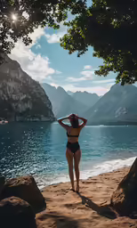 a beautiful woman standing on the beach looking over her shoulder