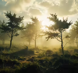trees are shown on the ground in the fog