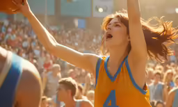 a woman is celebrating at a basketball game