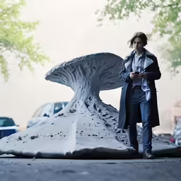 a woman standing in front of an odd looking sculpture