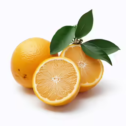 three oranges with leaves on top sitting next to each other