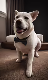 an adorable white dog wearing a black bow tie