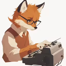 an animal in glasses sitting next to a typewriter