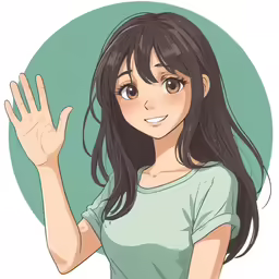 a girl with long black hair is waving