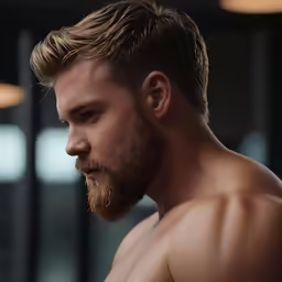 shirtless man with short beard standing in gym