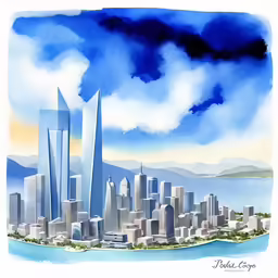 watercolor painting of a large city with buildings on it